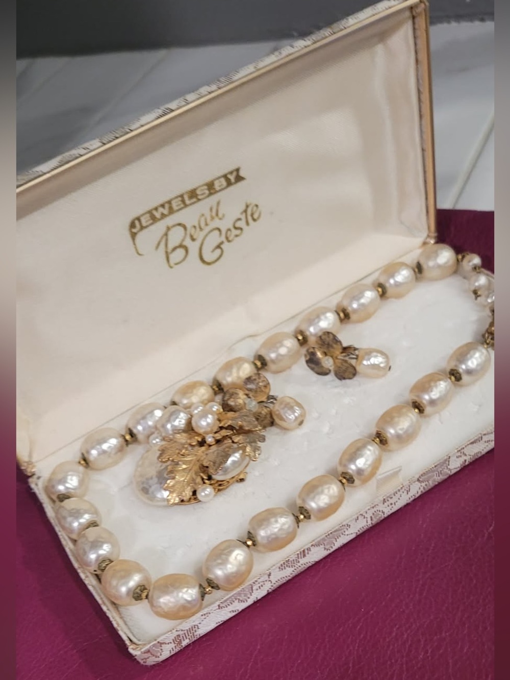 Miriam Haskell Cream Pearl Necklace, Brooch & Earrings
